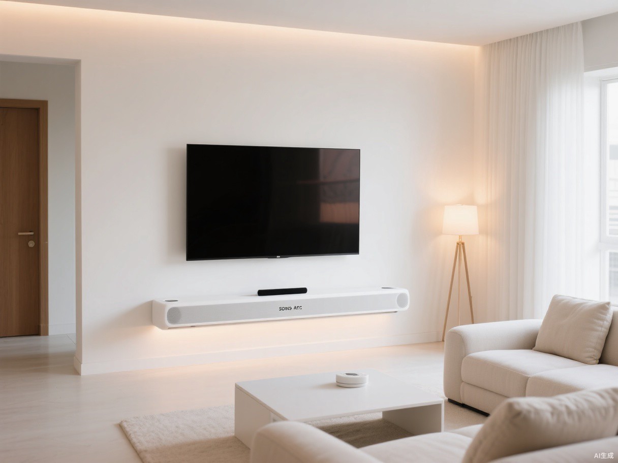 A white Sonos Arc soundbar beneath a wall-mounted TV in a modern home cinema room