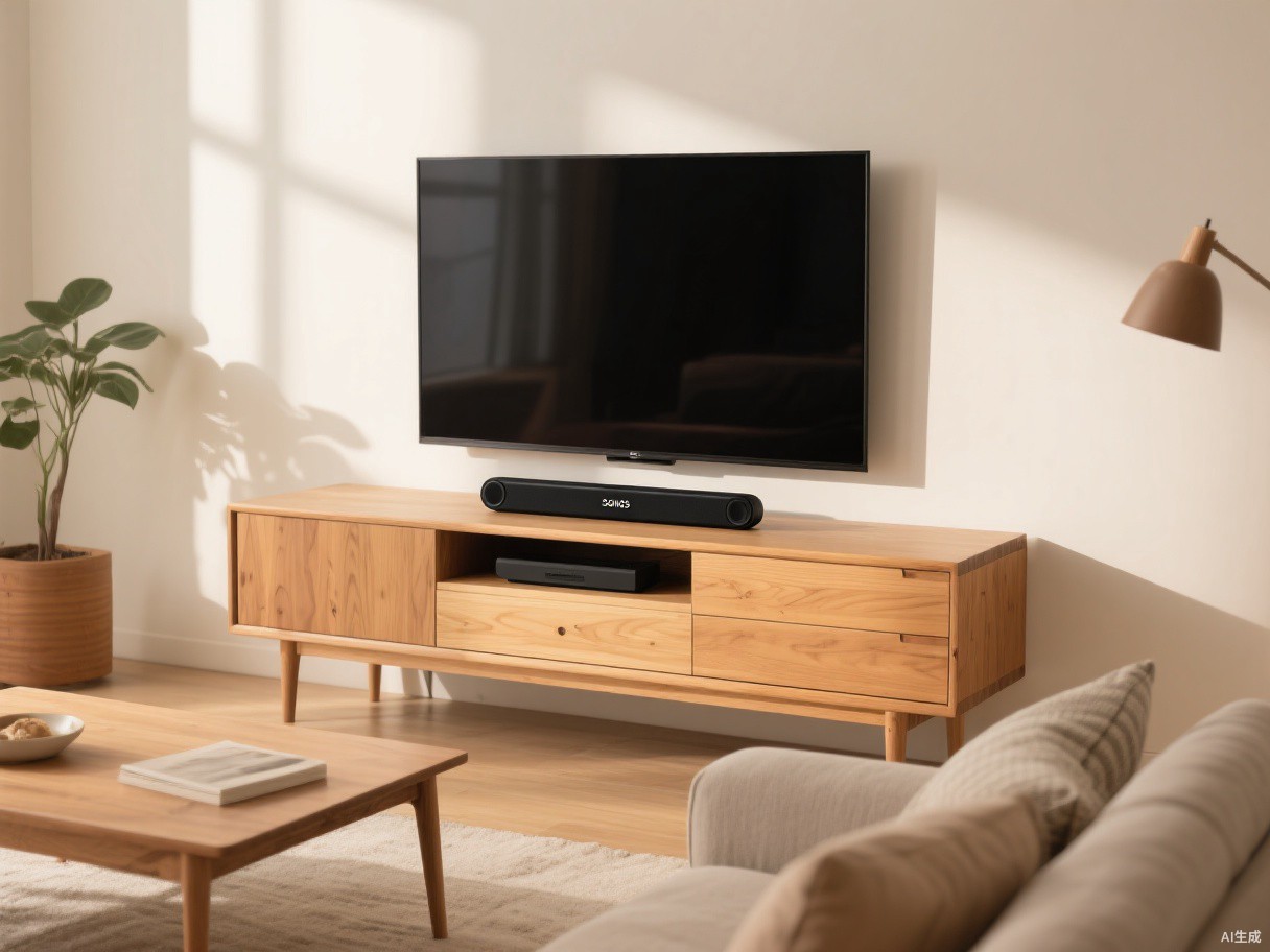 A black Sonos Beam Gen 2 soundbar under a TV in a cozy Scandinavian living room