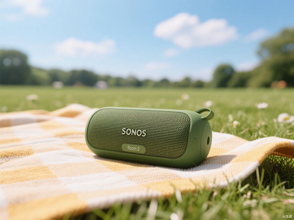 A green Sonos Roam 2 portable speaker on a picnic blanket on a sunny day